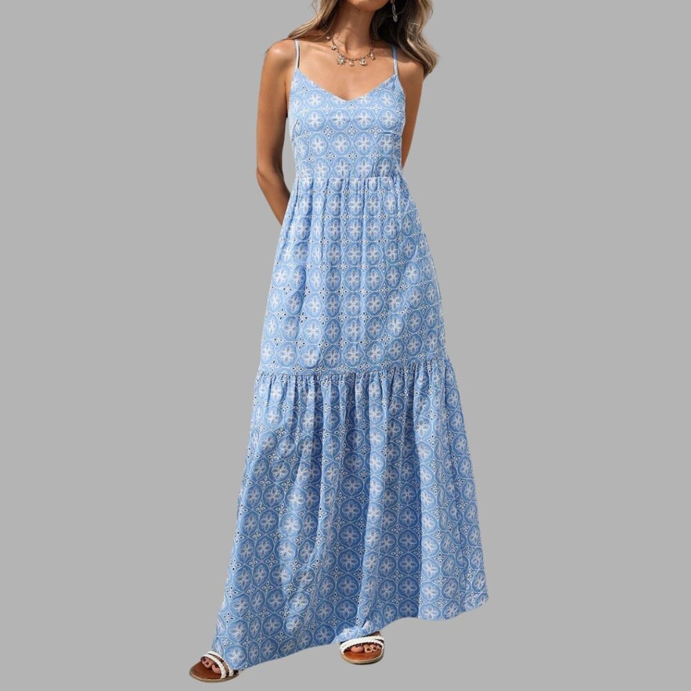 Blue & White Boho Eyelet Embroidered Tiered Maxi Dress - Picture 3 of 10